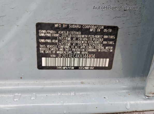 JF2GTAEC4KH344404 2019 SUBARU CROSSTREK Gray Widok komory silnika
