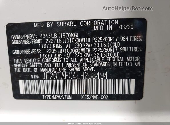 JF2GTAEC4LH258494 2020 SUBARU CROSSTREK White Widok komory silnika