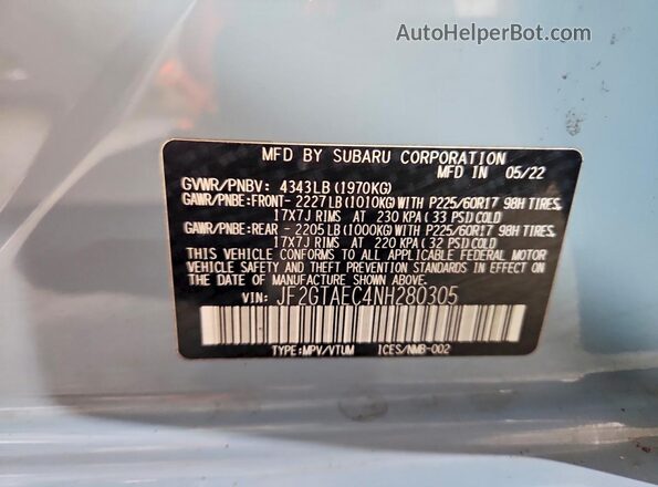 JF2GTAEC4NH280305 2022 SUBARU CROSSTREK Blue Vista del compartimento del motor