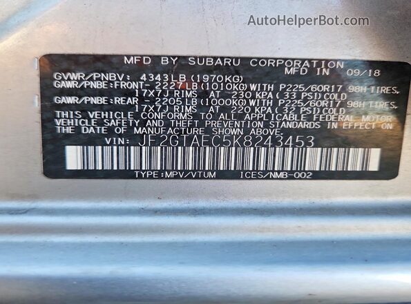JF2GTAEC5K8243453 2019 SUBARU CROSSTREK Silver Engine compartment view