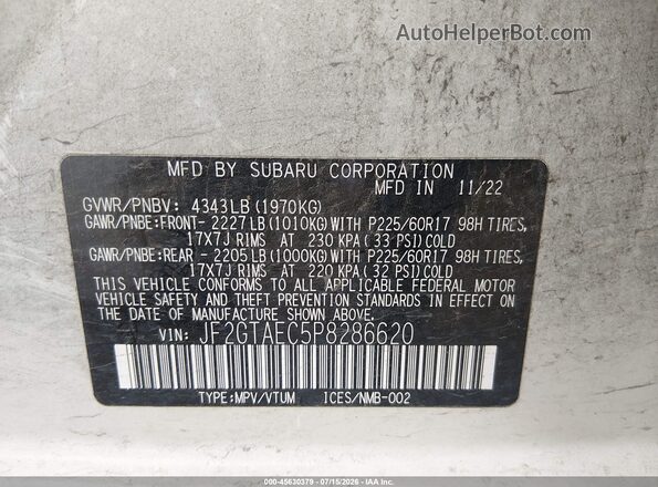 JF2GTAEC5P8286620 2023 SUBARU CROSSTREK White Vista del compartimento del motor