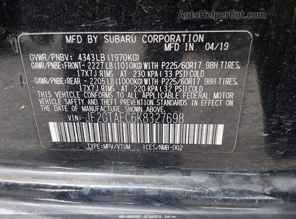 JF2GTAEC6K8327698 2019 SUBARU CROSSTREK Black ძრავის განყოფილების ხედი