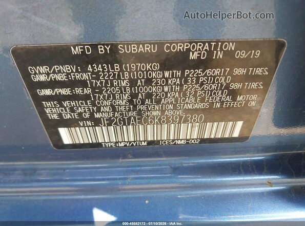 JF2GTAEC6K8397380 2019 SUBARU CROSSTREK Blue Engine compartment view