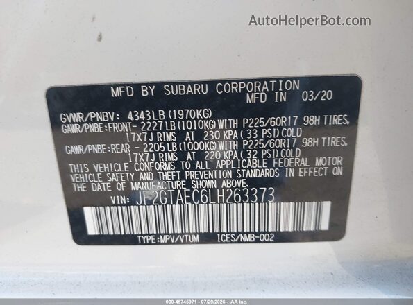 JF2GTAEC6LH263373 2020 SUBARU CROSSTREK White Widok komory silnika