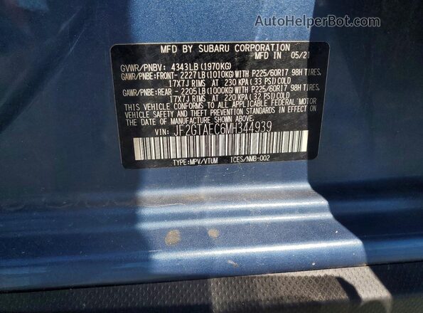 JF2GTAEC6MH344939 2021 SUBARU CROSSTREK Blue Widok naklejki z numerem VIN