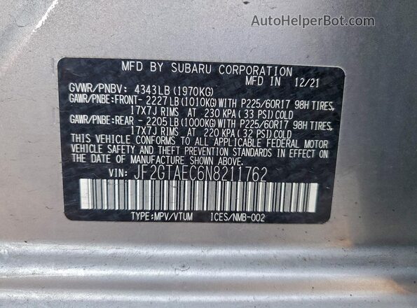 JF2GTAEC6N8211762 2022 SUBARU CROSSTREK Silver Vista de la etiqueta del VIN