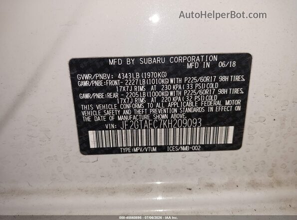 JF2GTAEC7KH209093 2019 SUBARU CROSSTREK White Engine compartment view