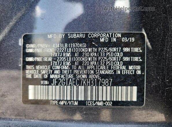 JF2GTAEC7KH317987 2019 SUBARU CROSSTREK Серый Панорамный вид салона 360°