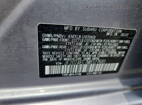 JF2GTAEC7M8327681 2021 SUBARU CROSSTREK Silver VIN კოდის სტიკერის ხედი