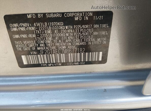 JF2GTAEC7M8677182 2021 SUBARU CROSSTREK Gray Вид підкапотного простору
