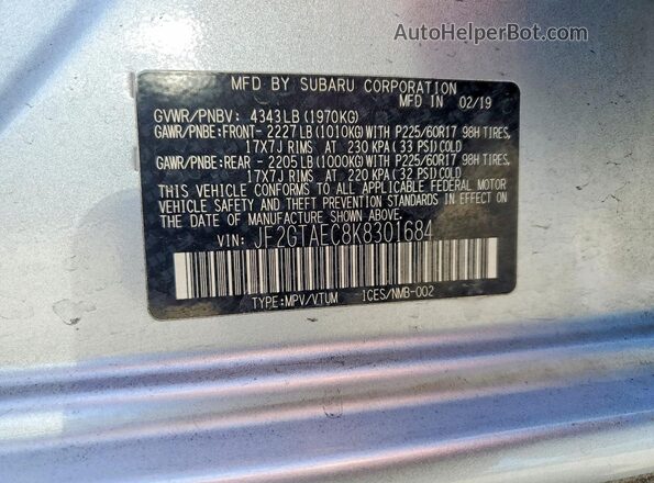 JF2GTAEC8K8301684 2019 SUBARU CROSSTREK Silver ძრავის განყოფილების ხედი