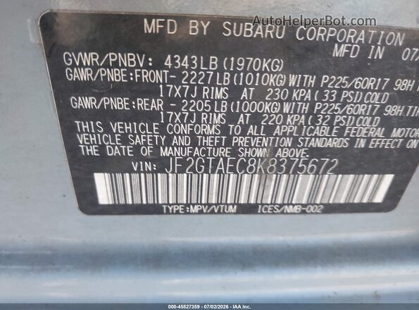 JF2GTAEC8K8375672 2019 SUBARU CROSSTREK Blue Engine compartment view