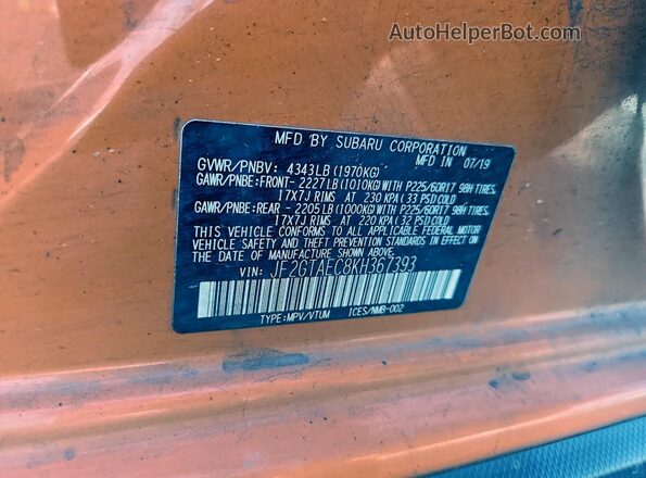 JF2GTAEC8KH367393 2019 SUBARU CROSSTREK Orange Engine compartment view