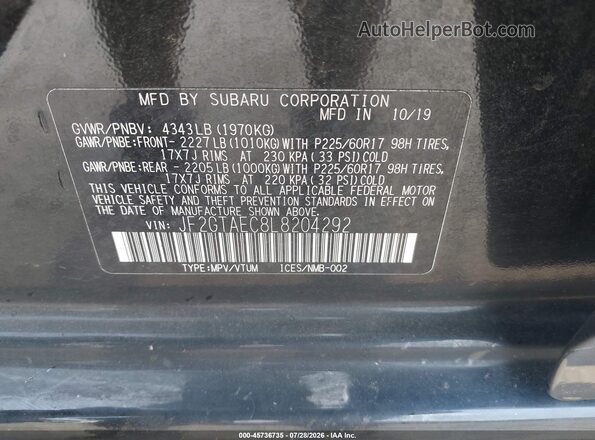 JF2GTAEC8L8204292 2020 SUBARU CROSSTREK Black Engine compartment view