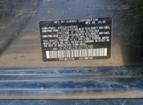 JF2GTAEC8LH239298 2020 SUBARU CROSSTREK Gray Вид наклейки з VIN-кодом