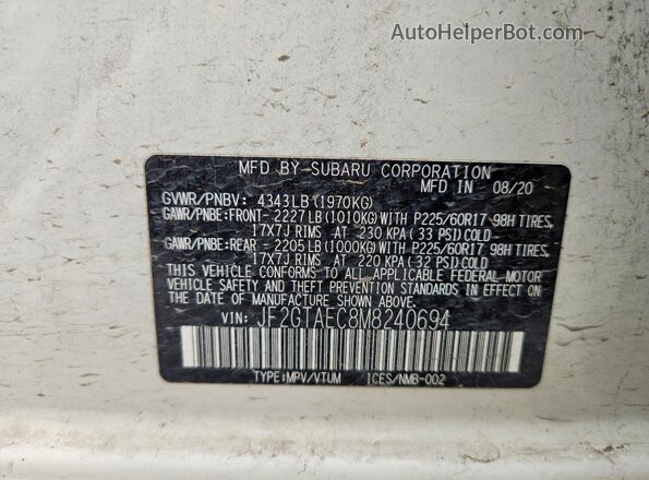 JF2GTAEC8M8240694 2021 SUBARU CROSSTREK White Widok naklejki z numerem VIN