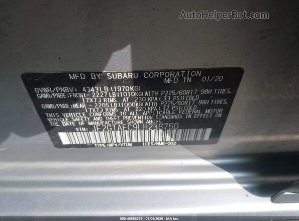 JF2GTAEC9LH238760 2020 SUBARU CROSSTREK Silver Widok komory silnika