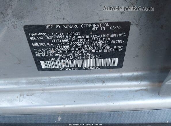JF2GTAECXLH249654 2020 SUBARU CROSSTREK Silver Vista del compartimento del motor