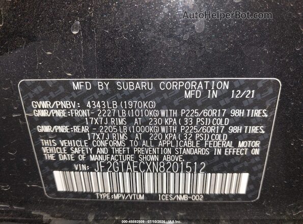 JF2GTAECXN8201512 2022 SUBARU CROSSTREK Black ძრავის განყოფილების ხედი