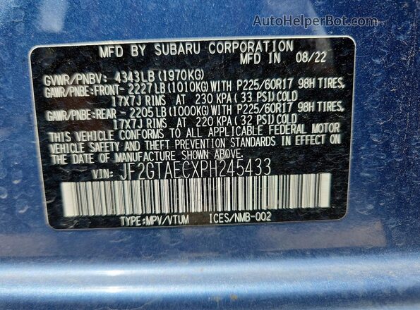 JF2GTAECXPH245433 2023 SUBARU CROSSTREK Blue Vista interior de 360 grados
