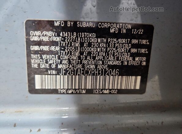 JF2GTAECXPH312046 2023 SUBARU CROSSTREK Синий Вид наклейки с VIN-кодом