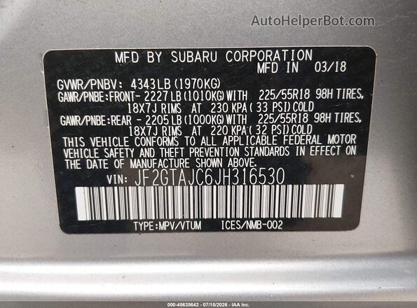 JF2GTAJC6JH316530 2018 SUBARU CROSSTREK Silver Widok komory silnika