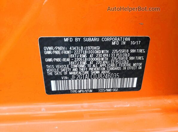 JF2GTALC0J8246035 2018 SUBARU CROSSTREK Orange Вид наклейки з VIN-кодом
