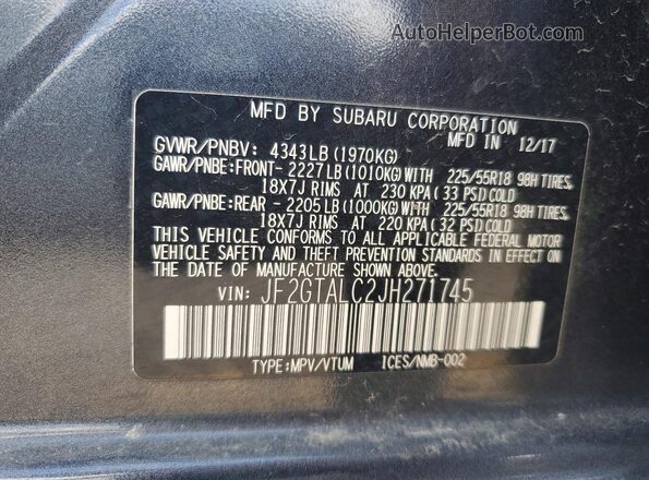 JF2GTALC2JH271745 2018 SUBARU CROSSTREK Gray Widok komory silnika