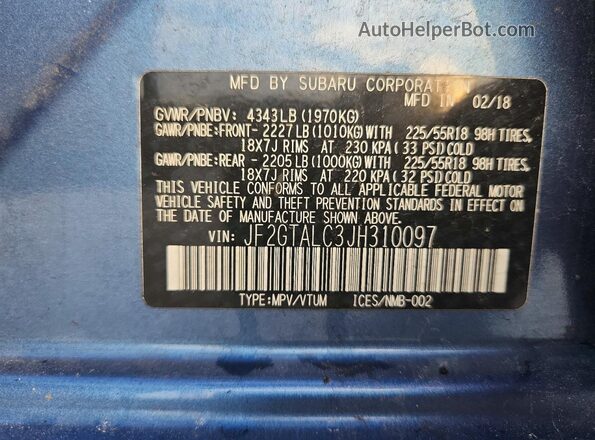 JF2GTALC3JH310097 2018 SUBARU CROSSTREK Blue Vista de la etiqueta del VIN