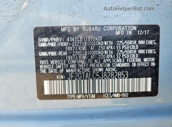JF2GTALC5J8282853 2018 SUBARU CROSSTREK Blue VIN sticker view