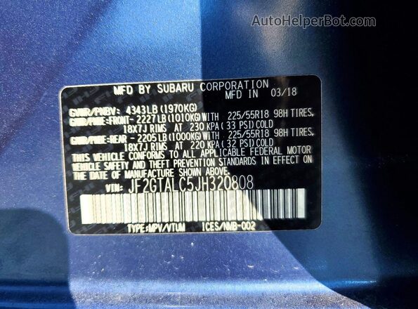 JF2GTALC5JH320808 2018 SUBARU CROSSTREK Blue Вид наклейки з VIN-кодом