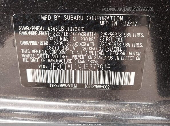 JF2GTALC9J8277915 2018 SUBARU CROSSTREK Black Engine compartment view