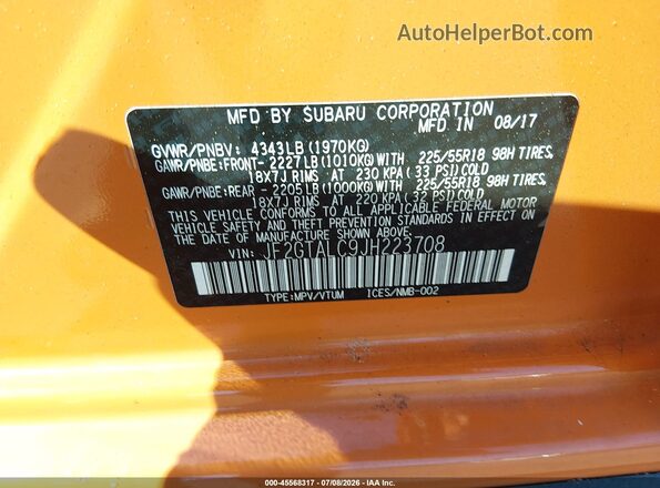 JF2GTALC9JH223708 2018 SUBARU CROSSTREK Orange Vista del compartimento del motor