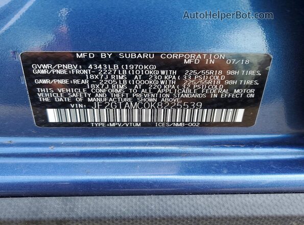 JF2GTAMC0K8225539 2019 SUBARU CROSSTREK Blue Widok naklejki z numerem VIN