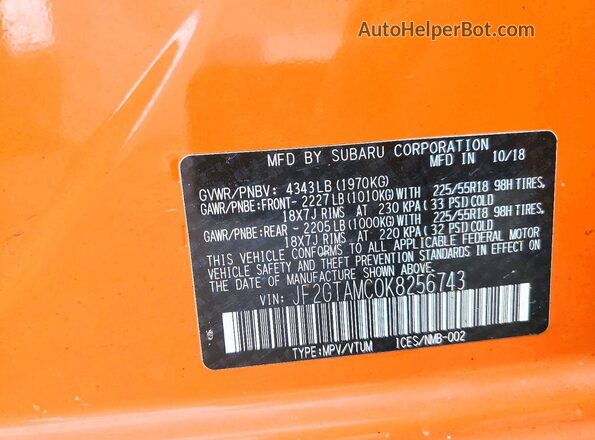 JF2GTAMC0K8256743 2019 SUBARU CROSSTREK Оранжевый Вид наклейки с VIN-кодом