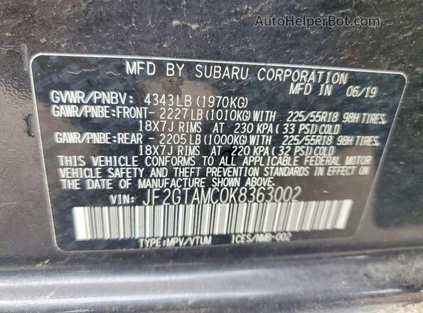 JF2GTAMC0K8363002 2019 SUBARU CROSSTREK Charcoal VIN կոդի պիտակի տեսք