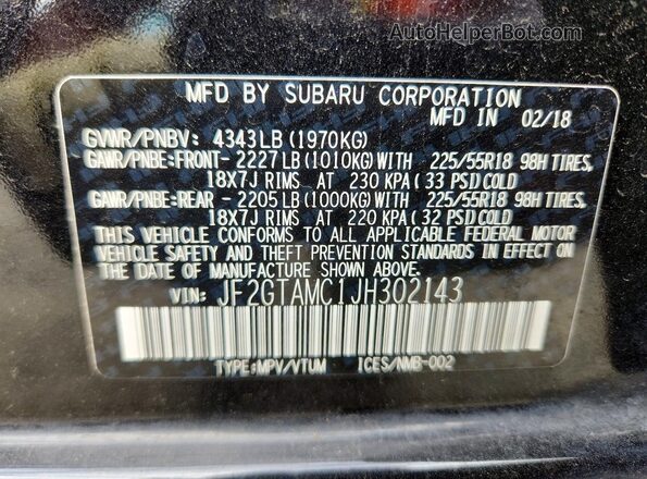 JF2GTAMC1JH302143 2018 SUBARU CROSSTREK Black Vista de la etiqueta del VIN