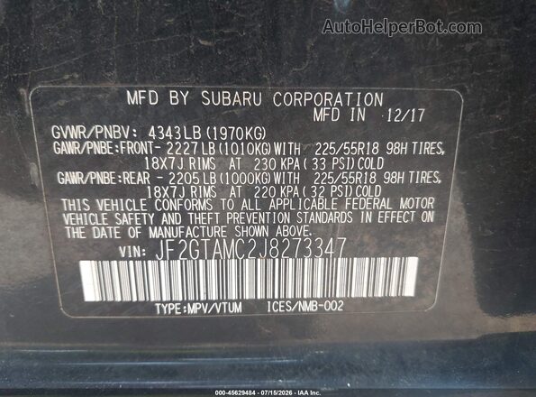 JF2GTAMC2J8273347 2018 SUBARU CROSSTREK Черный Вид подкапотного пространства