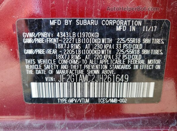 JF2GTAMC2JH261649 2018 SUBARU CROSSTREK Maroon Widok komory silnika