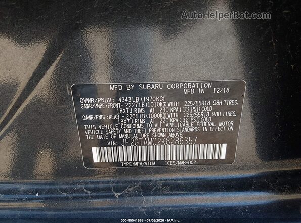 JF2GTAMC2K8286357 2019 SUBARU CROSSTREK Black ძრავის განყოფილების ხედი