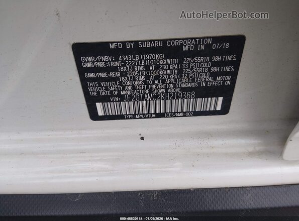 JF2GTAMC2KH219368 2019 SUBARU CROSSTREK White Շարժիչի բաժամունքի տեսք