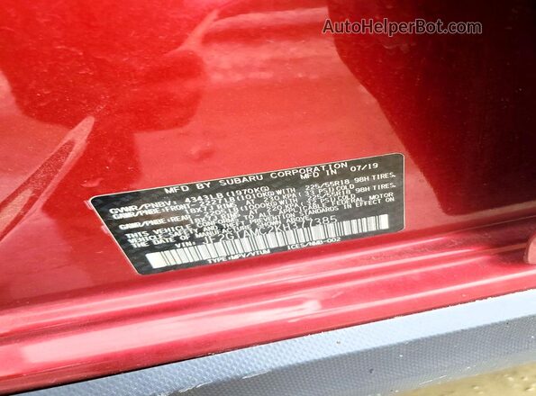JF2GTAMC2KH377385 2019 SUBARU CROSSTREK Red Widok naklejki z numerem VIN