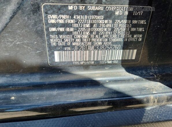 JF2GTAMC3J8258260 2018 SUBARU CROSSTREK Black Vista del compartimento del motor