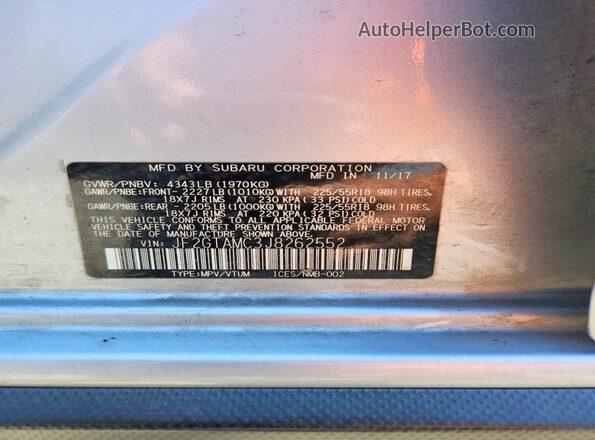 JF2GTAMC3J8262552 2018 SUBARU CROSSTREK Silver Vista de la etiqueta del VIN
