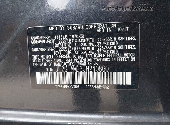JF2GTAMC3JH240860 2018 SUBARU CROSSTREK Серый Вид подкапотного пространства