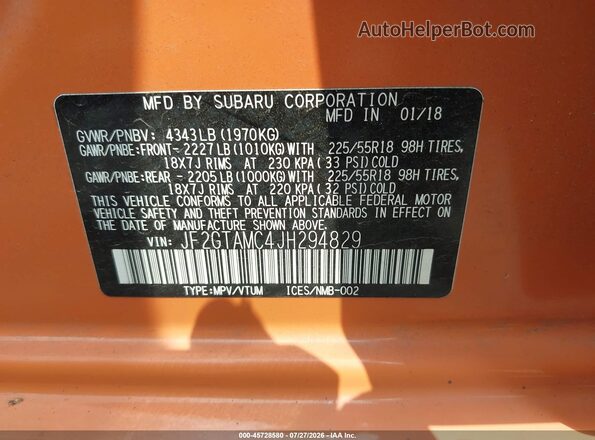 JF2GTAMC4JH294829 2018 SUBARU CROSSTREK Orange Engine compartment view