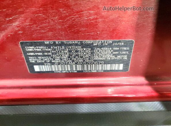 JF2GTAMC4K8260679 2019 SUBARU CROSSTREK Burgundy VIN კოდის სტიკერის ხედი