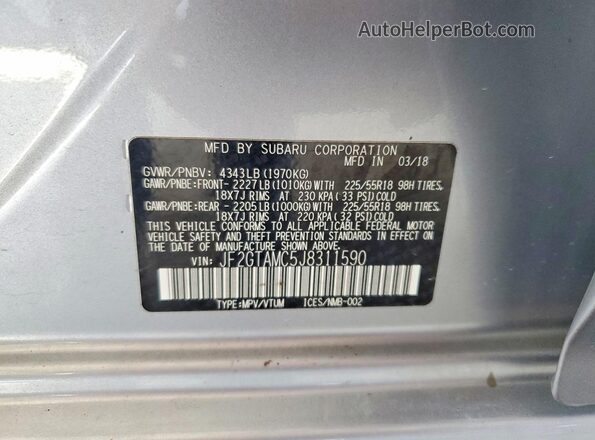 JF2GTAMC5J8311590 2018 SUBARU CROSSTREK Silver Widok naklejki z numerem VIN
