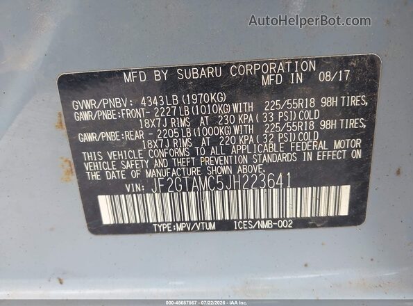 JF2GTAMC5JH223641 2018 SUBARU CROSSTREK Blue Շարժիչի բաժամունքի տեսք