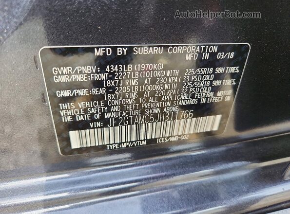 JF2GTAMC5JH311766 2018 SUBARU CROSSTREK Gray Widok komory silnika